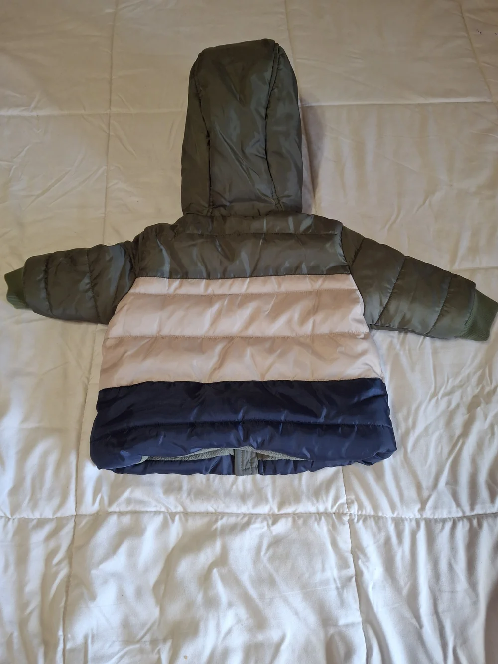 Toddler Colorblock Puffer Jacket with Hood - Olive, Cream & Navy